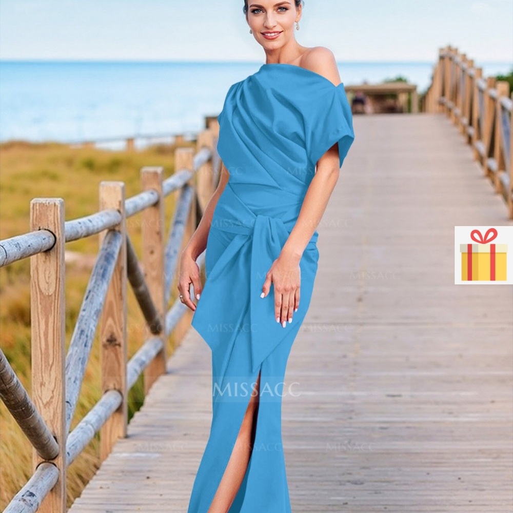 Blue Ruched One-Shoulder Gown with Slit